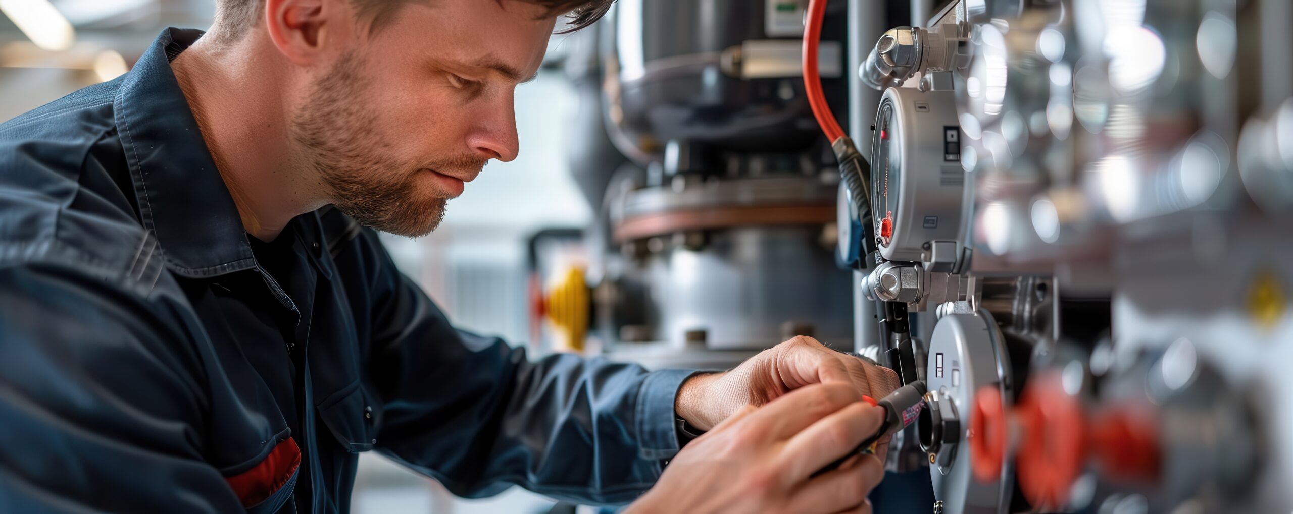 Professional technician checking a hotel's boiler system, hotel maintenance, precision work